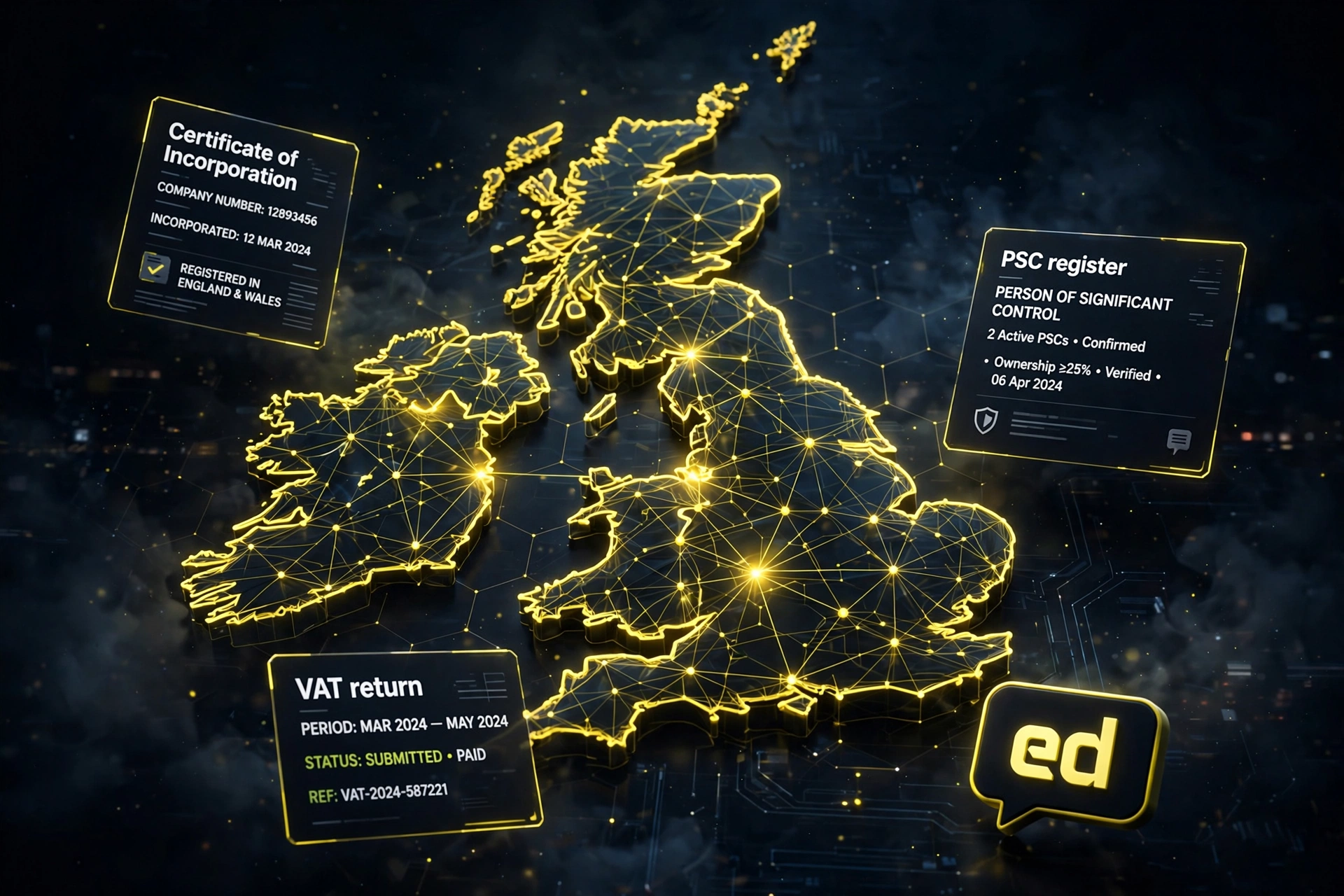 Glowing network map of the United Kingdom surrounded by incorporation and tax records