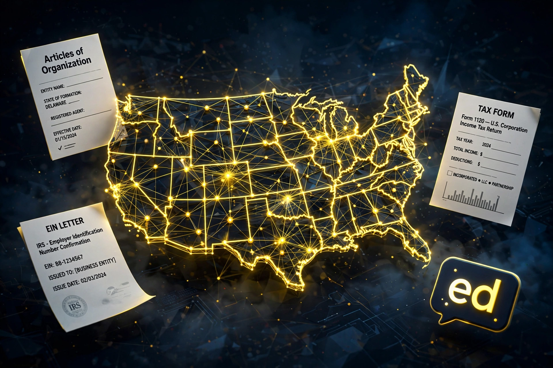 Glowing network map of the United States surrounded by company formation documents